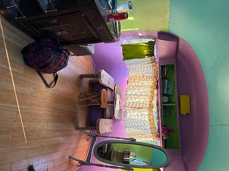 Inside purple trailer 